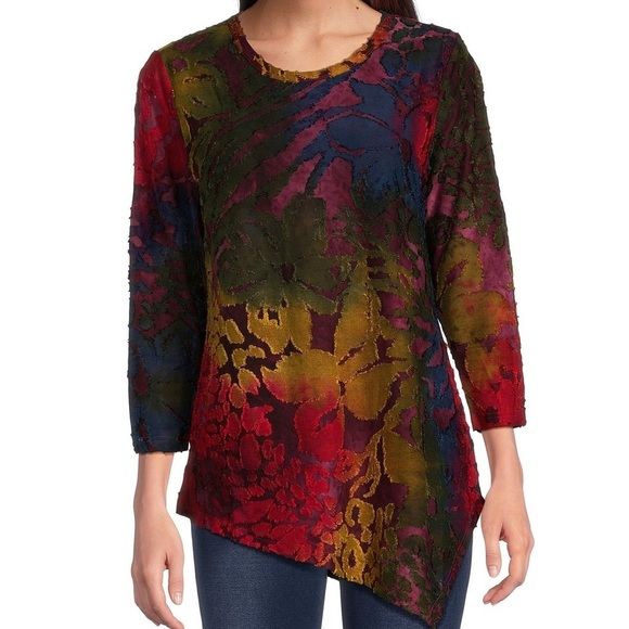 Calessa Tunic Top Women 1X Asymmetrical Hem Paisley Burnout Knit Artsy Fairycore - Picture 1 of 14